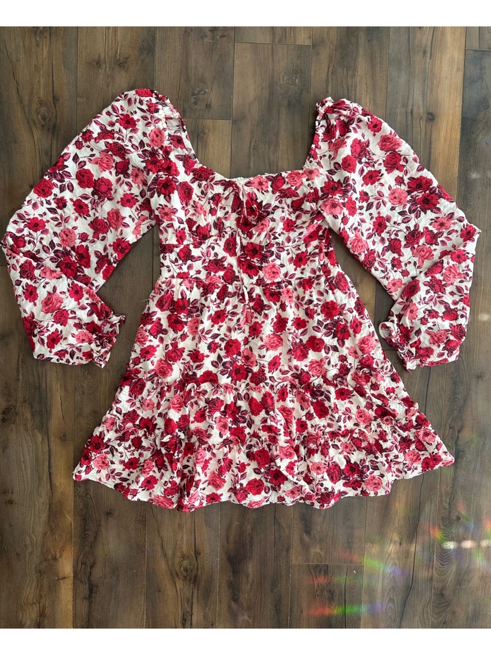 Francesca’s Red and Pink Floral Puff Sleeve Cottagecore Mini Dress M